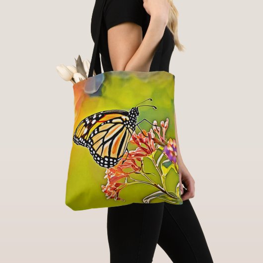 Tote Bag Papillon orange sur la conception de fleurs roses (De près)