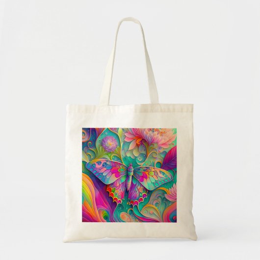 Tote Bag Papillon psychédélique coloré et fleurs (Devant)