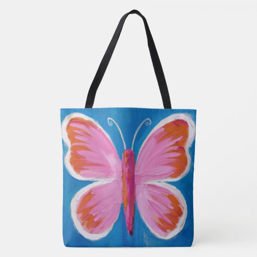 Tote Bag Papillon rose vibrant sur Arrière - plan bleu (Devant)