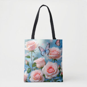 Tote Bag Papillon Sur Fleur Rose