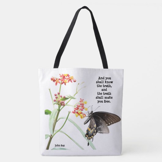 Tote Bag Papillon sur Milkweed, avec Verse (Jean 8:32) (Devant)