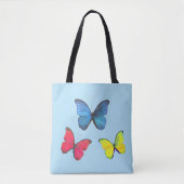 Tote Bag Papillons bleus rouges et jaunes sur bleu clair (Devant)