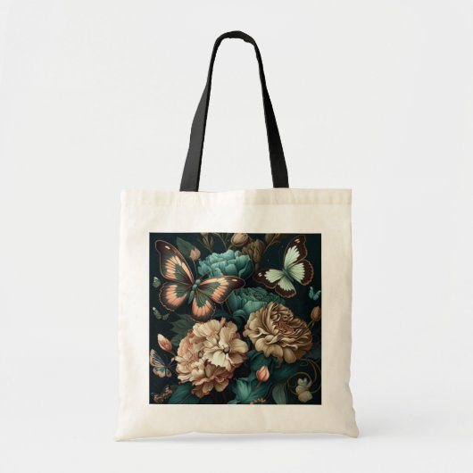 Tote Bag Papillons et fleurs design classique foncé (Devant)
