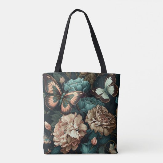 Tote Bag Papillons et fleurs design classique foncé (Dos)