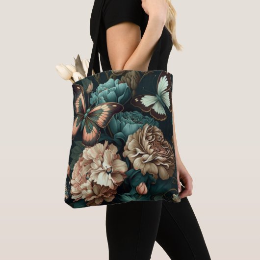 Tote Bag Papillons et fleurs design classique foncé (De près)