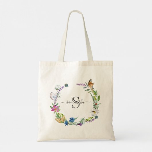 Tote Bag Papillons Fleurs de calligraphie de script de mono (Dos)