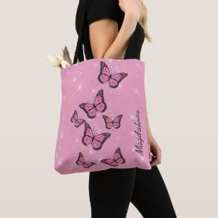 Tote Bag papillons sur parties scintillant simulée rose