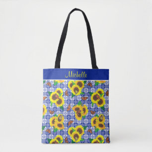 Tote Bag Papillons tournesols En vichy bleu