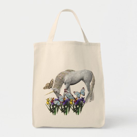 Tote Bag Papillons Unicorne Blanc Fleurs (Devant)