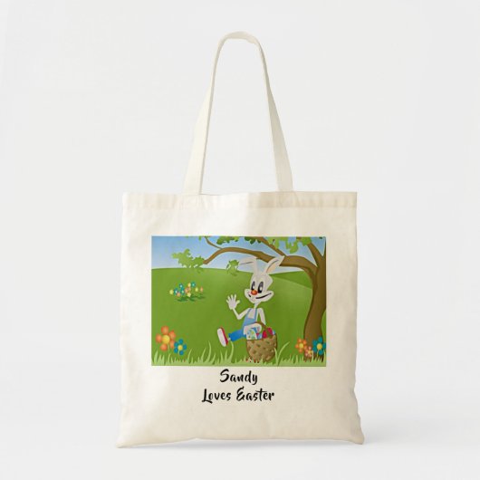 Tote Bag Pâques Lapin Panier d'oeufs Ajouter le nom Aime Pâ (Devant)