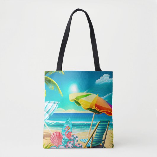Tote Bag Parapluies de plage d'été, planche de surf et arbr (Devant)