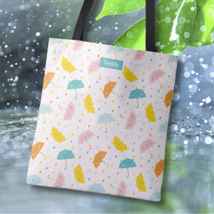 Tote Bag Parapluies mignons et gouttes d'eau avec Nom Fourr