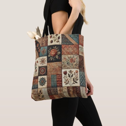 Tote Bag Parcelle en terre cuite unique & Patchwork Rustiqu (De près)