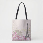 Tote Bag Paris France Tour Eiffel avec Fleurs Roses (Devant)
