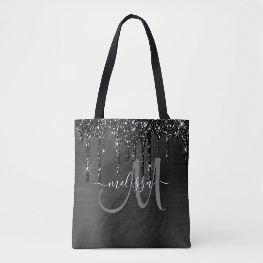 Tote Bag Parties scintillant à séchage noir chic Monogramme (Devant)
