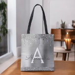 Tote Bag Parties scintillant argent de luxe étincelant Élég<br><div class="desc">Luxe Argent Faux Sparkle et Parties scintillant à goutte Métallic Acier Inoxydable Foil Elégant Sac Livre Monogramme. Ce sac de livre peut être customisé pour inclure votre nom initial et prénom et donné comme cadeau pour Noël, Sweet 16, 18th, 21th, 30th, 40th, 50th, ou 60th Birthday, Fête des mariées ou...</div>