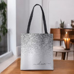 Tote Bag Parties scintillant argent Monogramme Nom Luxury G<br><div class="desc">Argent Faux Étincelle et Parties scintillant à goutte Métallique Acier Inoxydable Foil Élégant Sac Livre Monogramme. Ce sac de livre peut être customisé pour inclure votre nom initial et prénom et donné comme cadeau pour Noël,  Sweet 16 Anniversaire,  Fête des mariées ou Mariage.</div>