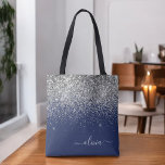 Tote Bag Parties scintillant bleue Silver Navy Girl Monogra<br><div class="desc">Sac de livre de monogramme élégant Marine Bleu et Argent Faux Étincelle et Parties scintillant. Ce sac de livre peut être customisé pour inclure votre nom initial et prénom et donné comme cadeau pour Noël,  Sweet 16 Anniversaire,  Fête des mariées ou Mariage.</div>