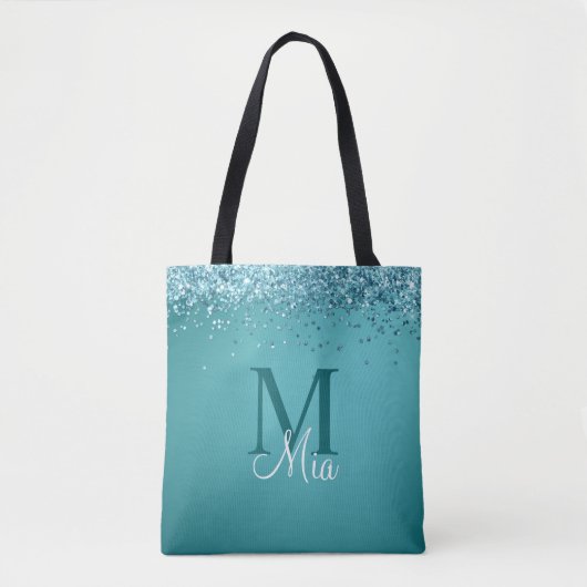 Tote Bag Parties scintillant bleue turquoise Monogramme Nom (Devant)