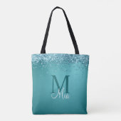 Tote Bag Parties scintillant bleue turquoise Monogramme Nom (Dos)