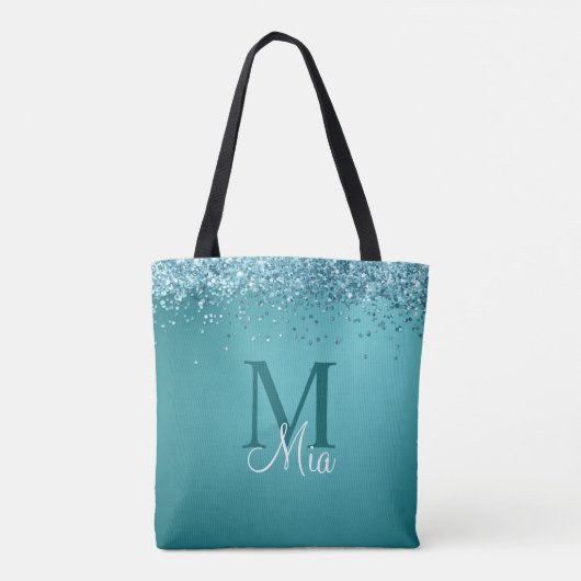 Tote Bag Parties scintillant bleue turquoise Monogramme Nom (Dos)