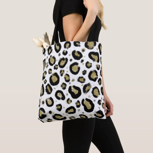 Tote Bag Parties scintillant d'or blanc et Cheetah léopard  (De près)