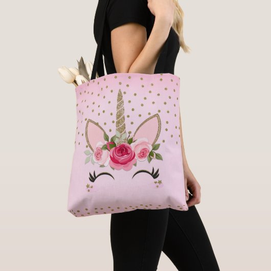 Tote Bag Parties scintillant d'or et Unicorne florale rose  (De près)