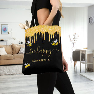 Tote Bag Parties scintillant d'or noir bourdons être nom he