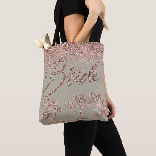 Tote Bag Parties scintillant d'or rose Gingko sur Gray Mist (De près)