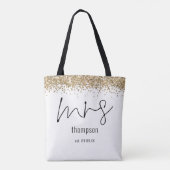Tote Bag Parties scintillant d'or Script Mme Nom Date Marié (Dos)