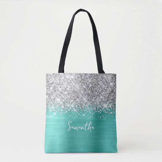 Tote Bag Parties scintillant en argent Turqoise Glam Nom (Devant)