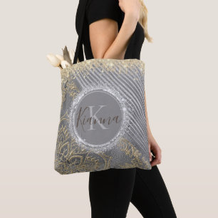 Tote Bag Parties scintillant en or d'argent Lotus Mandala M