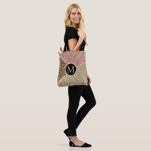 Tote Bag Parties scintillant en or Rose rayé Leopard Monogr (Sur le modèle)