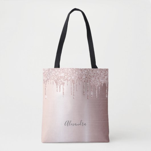 Tote Bag Parties scintillant goutte rose or ombre nom girly (Devant)