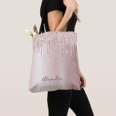 Tote Bag Parties scintillant goutte rose or ombre nom girly (De près)