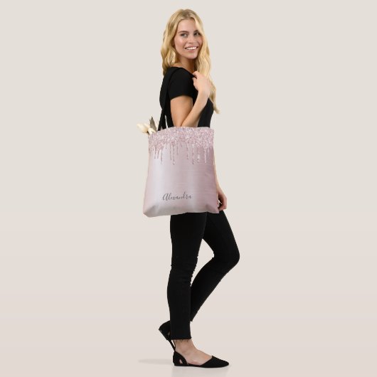 Tote Bag Parties scintillant goutte rose or ombre nom girly (Sur le modèle)