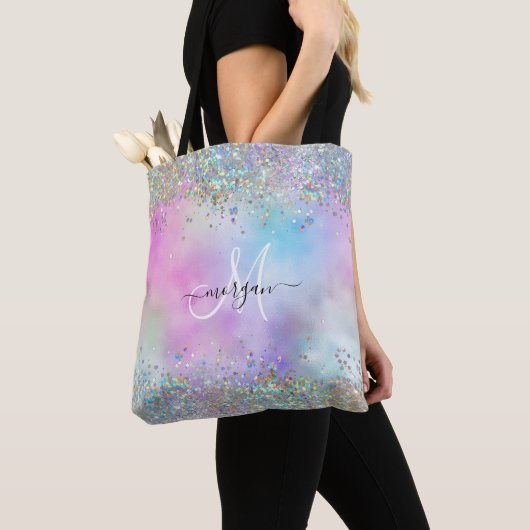 Tote Bag Parties scintillant holographique Rainbow Pastels  (De près)