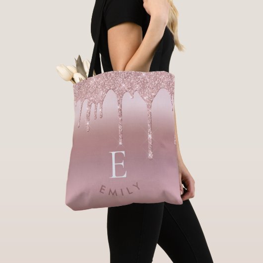 Tote Bag Parties scintillant Rose Gold Nom initial Monogram (De près)