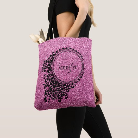 Tote Bag Parties scintillant rose moderne Flore noire perso (De près)