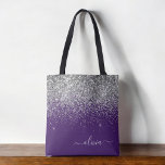 Tote Bag Parties scintillant violet argent Girl Monogramme<br><div class="desc">Purple et Argent Faux Sparkle et Parties scintillant Elégant sac de livre de monogramme. Ce sac de livre peut être customisé pour inclure votre nom initial et prénom et donné comme cadeau pour Noël,  Sweet 16 Anniversaire,  Fête des mariées ou Mariage.</div>