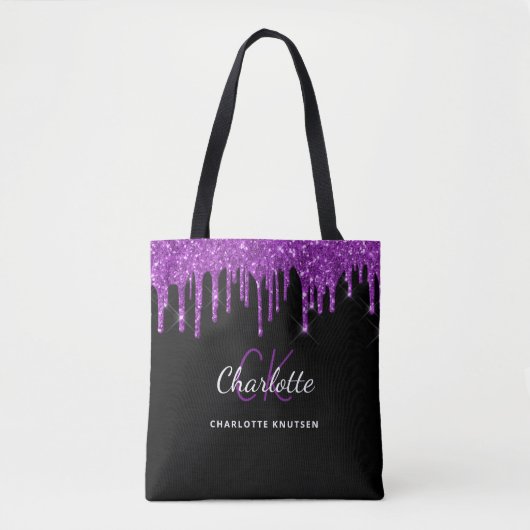 Tote Bag Parties scintillant violet noir gouttes initiales (Devant)