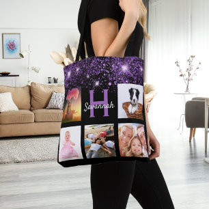 Tote Bag Parties scintillant violet noir photo collage nom 
