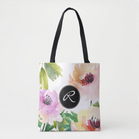 Tote Bag Pastel Aquarelle Rose Floral avec Monogramme (Devant)