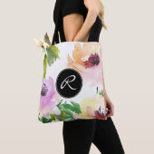 Tote Bag Pastel Aquarelle Rose Floral avec Monogramme (De près)