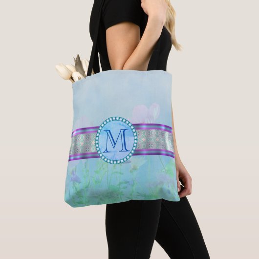 Tote Bag Pastel Blue Floral Monogramme (De près)