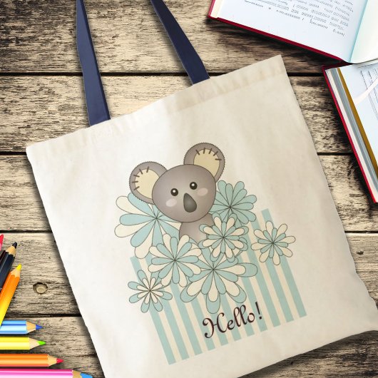 Tote Bag Pastel Blue Stripe Cute Baby Koala Custom