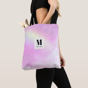 Tote Bag Pastel Ciel rose avec Monogramme arc-en-ciel jaune