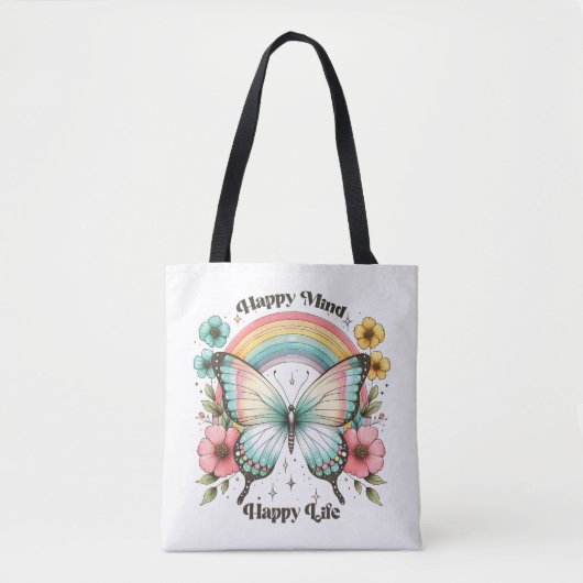 Tote Bag Pastel Hippie "Happy Mind Happy Life" (Devant)