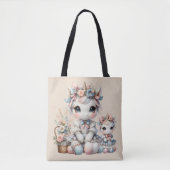 Tote Bag Pastel Kawaii Unicorne Mère Fille Duo Beige (Devant)