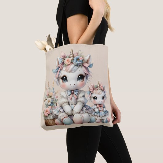 Tote Bag Pastel Kawaii Unicorne Mère Fille Duo Beige (De près)